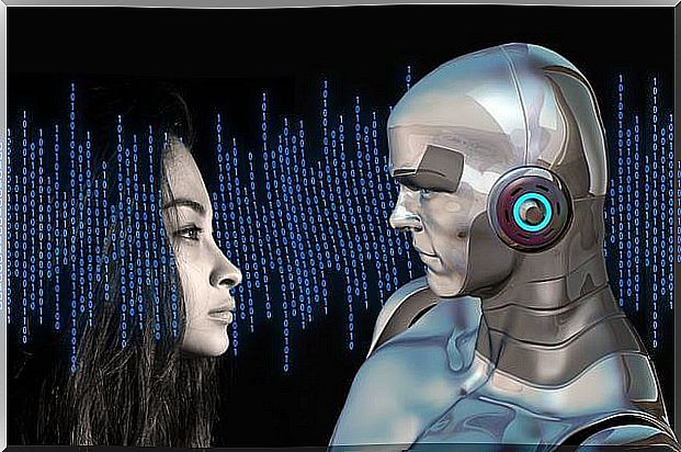 woman and robot looking at each other