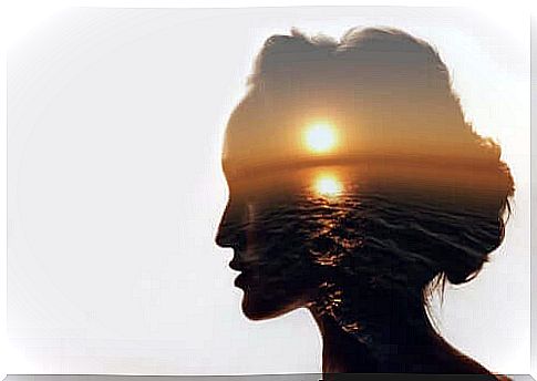 Contour of woman with image of the sun setting into the sea.